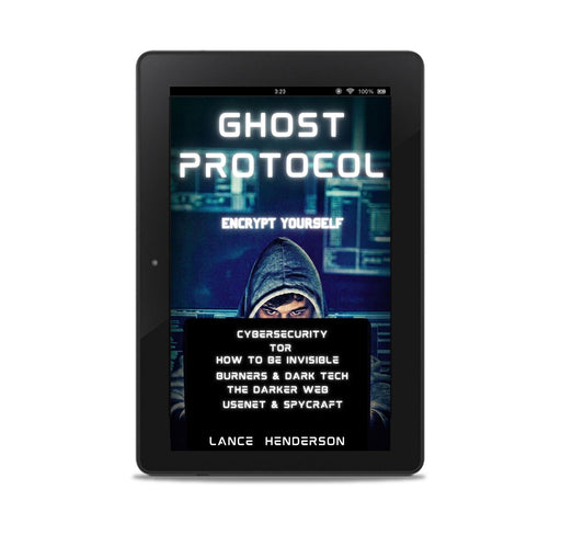 A black tablet device centered on a white background, displaying a book or ebook cover titled "Ghost Protocol" with the subtitle "Encrypt Yourself" and author name Lance Henderson.